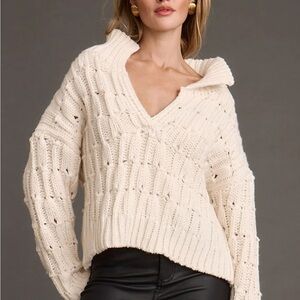 12th Tribe Cream V-Neck Cable Knit Sweater